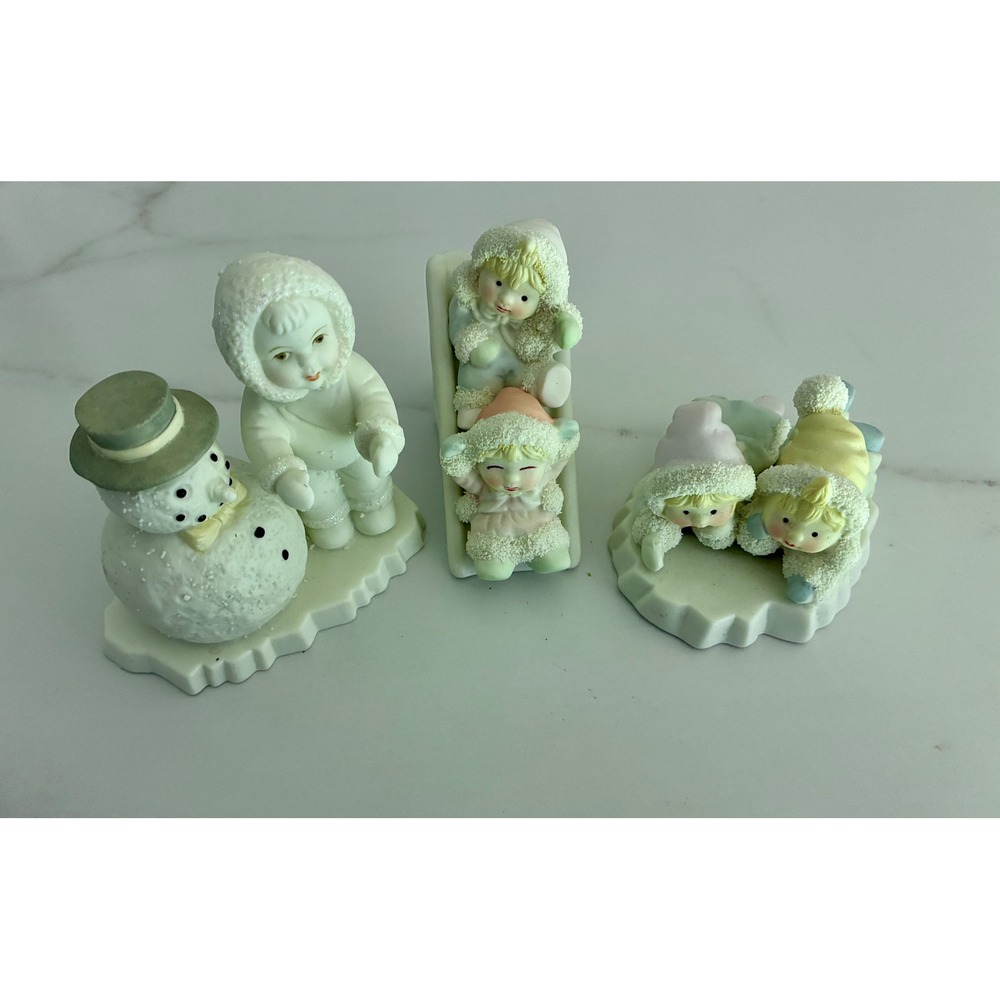 Vintage Snow Baby Figurines Lot 3 Porcelain Winter Children Snowman Sled